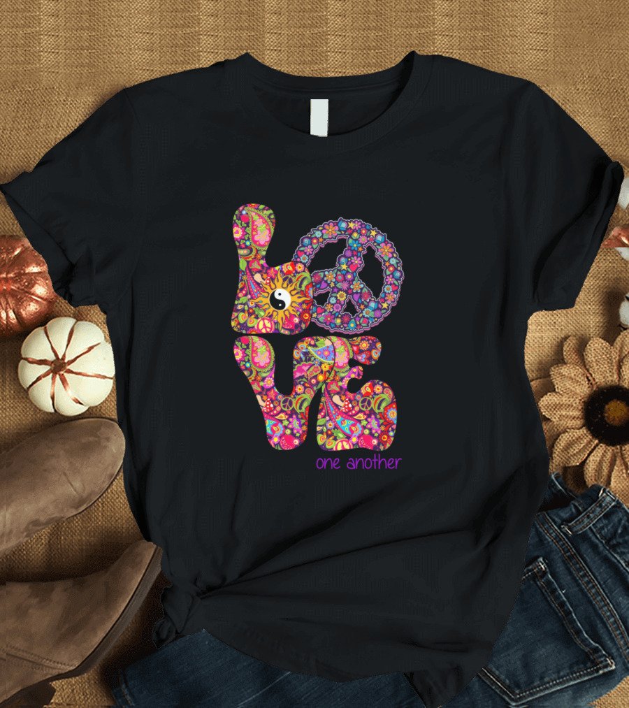 Love One Another Psychedelic Floral Peace Symbol Retro T-Shirt
