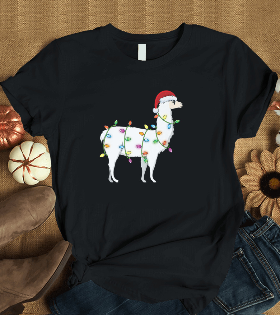 Merry Christmas Tree Lights Llama Santa Hat T-Shirt