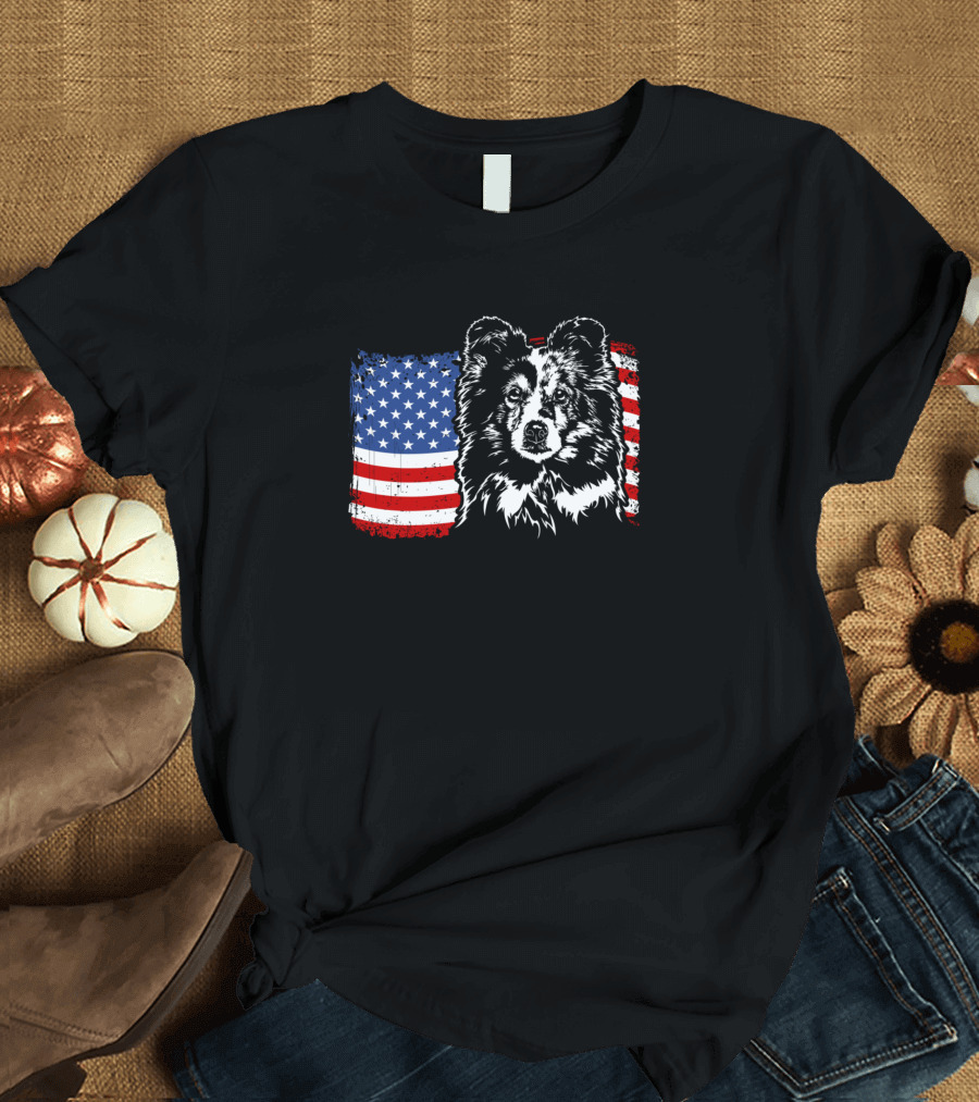 Patriotic Proud Sheltie with American Flag Background T-Shirt