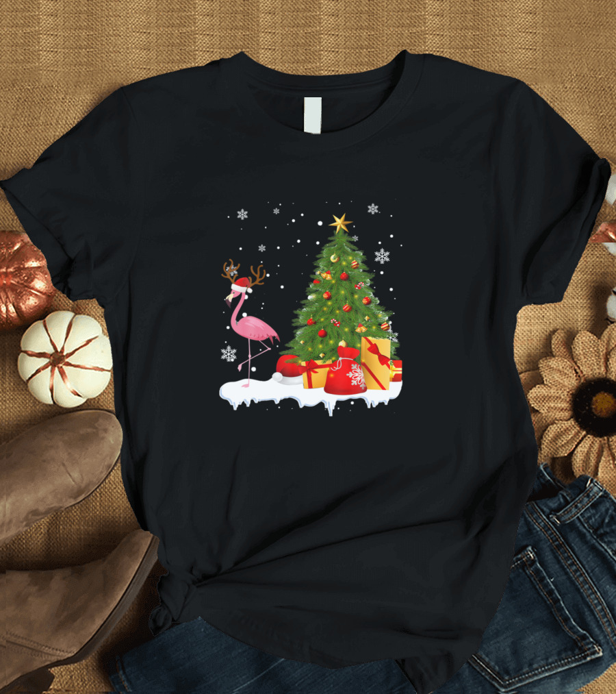 Santa Reindeer Flamingo Christmas Tree with Gifts and Snowflakes T-Shirt
