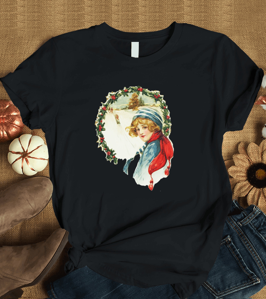 Vintage Christmas Snow Scene Victorian Girl with Holly Wreath and Winter Landscape T-Shirt