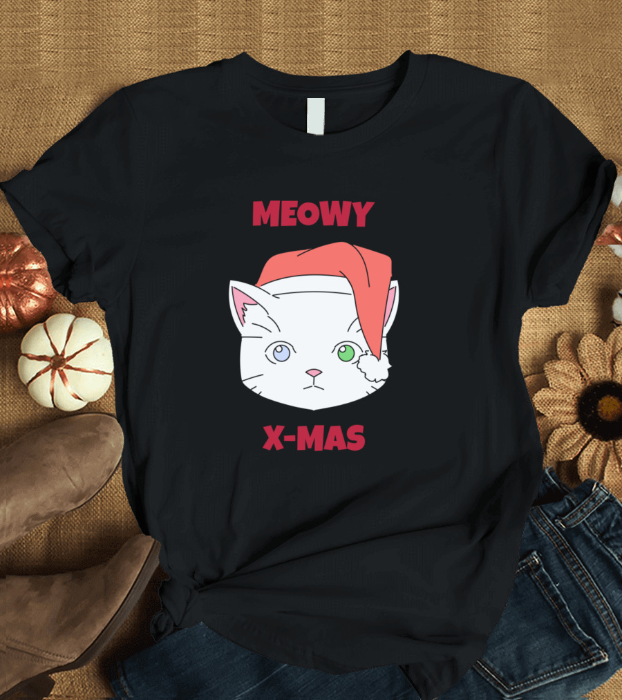 Meowy X-Mas Cute Cat Santa Hat T-Shirt