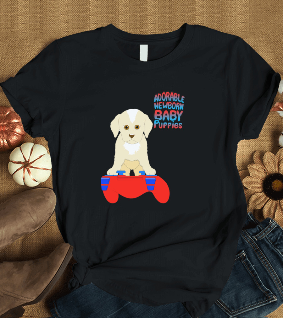 Adorable Newborn Baby Puppies with Red Game Controller T-Shirt