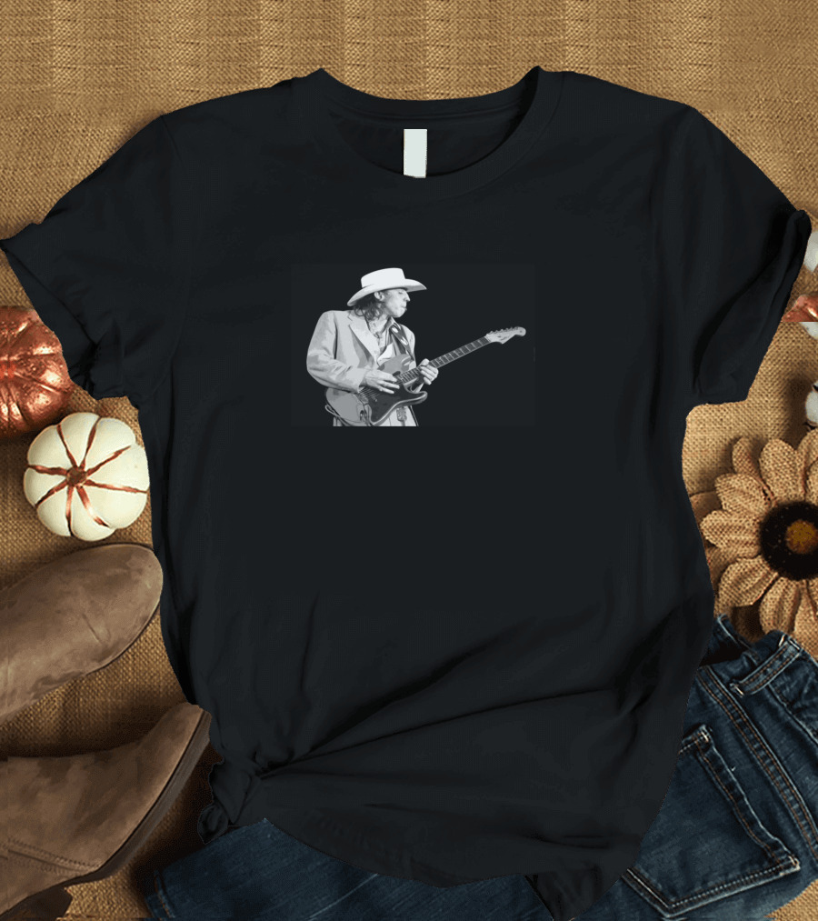 Stevie Ray Vaughan Playing Guitar in Iconic Hat and Suit T-Shirt