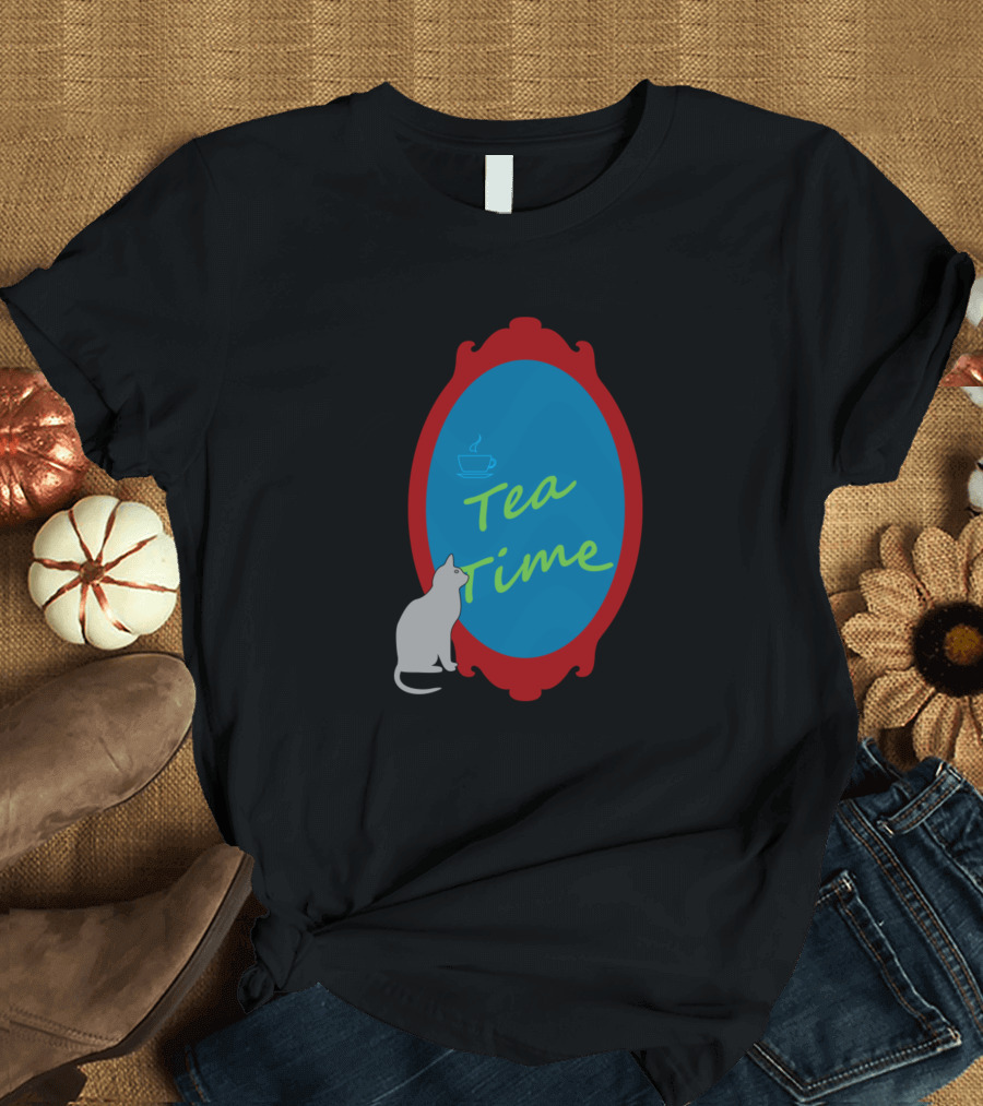 Reflected Cat Silhouette Tea Time with Cup and Mirror Frame T-Shirt