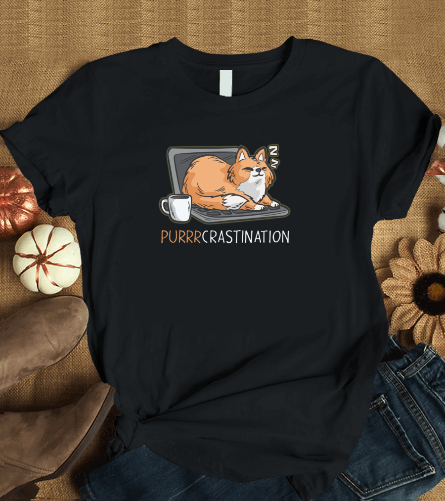 Purrcrastination Cat Sleeping on Laptop with Coffee Cup T-Shirt