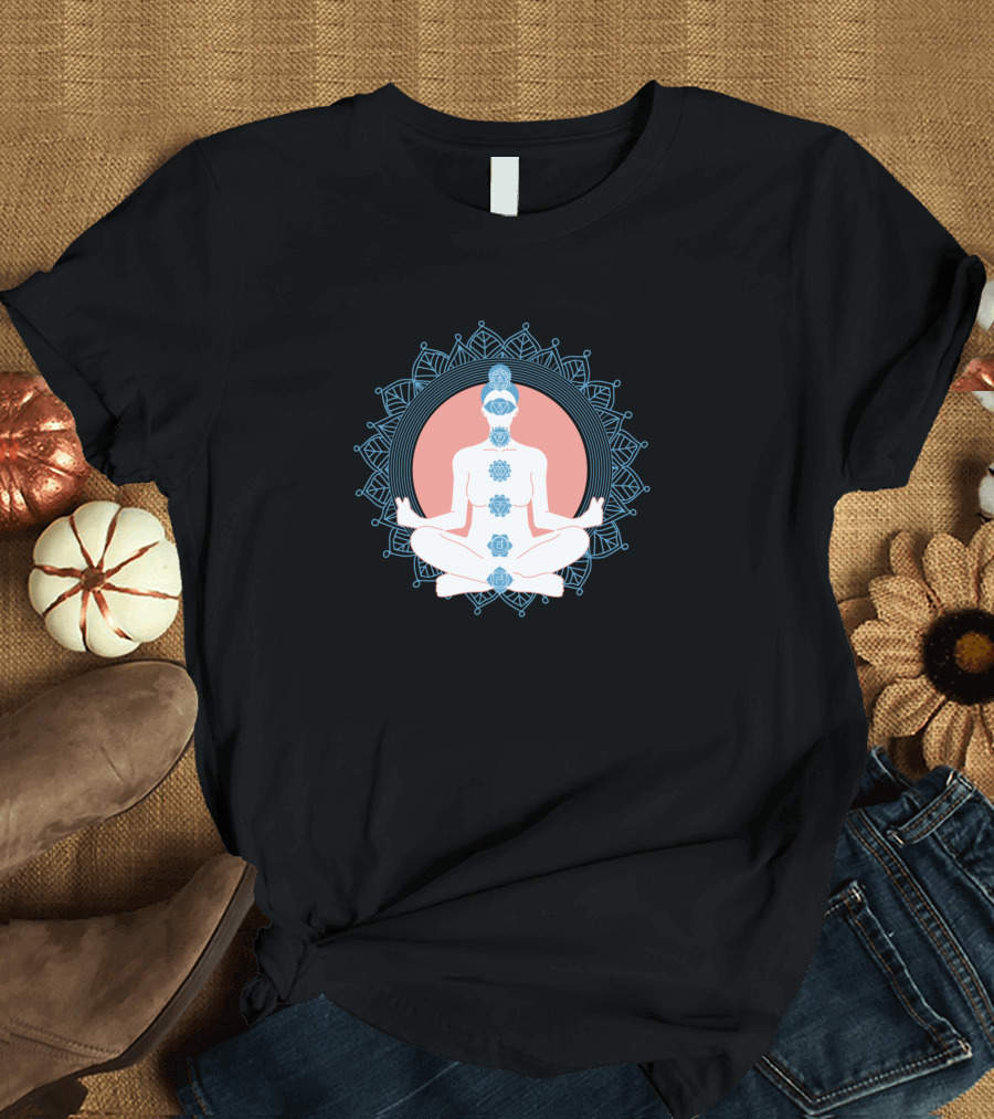 Yoga Meditation Pose with Chakra Symbols and Mandala T-Shirt