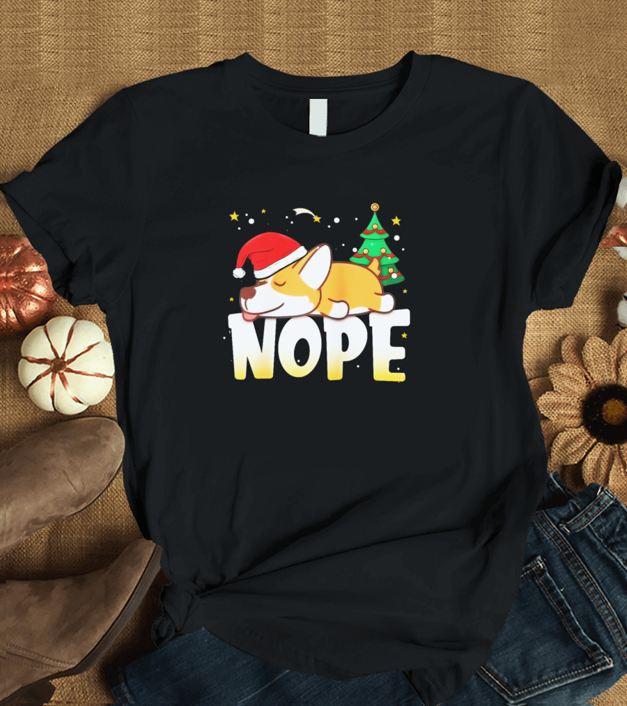 Christmas Corgi Nope Lazy Dog Santa Hat Christmas Tree T-Shirt