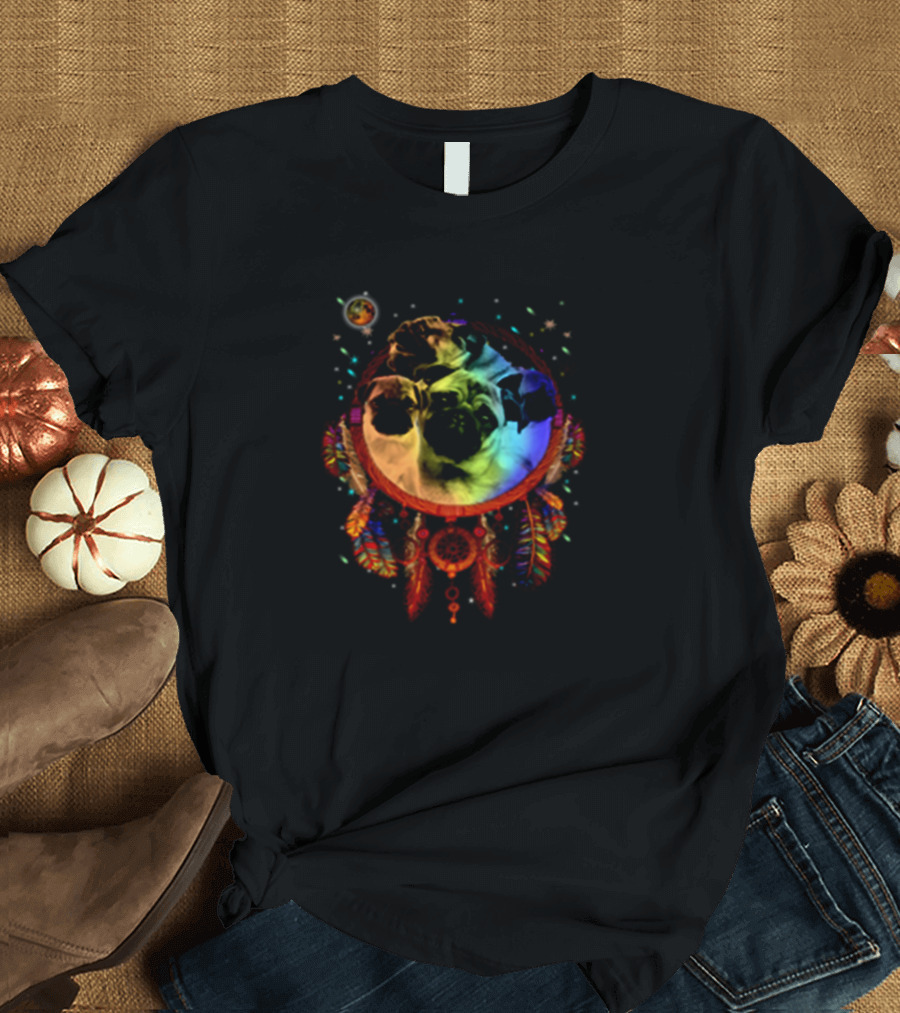 Colorful Pug Dreamcatcher with Feathers and Beads T-Shirt