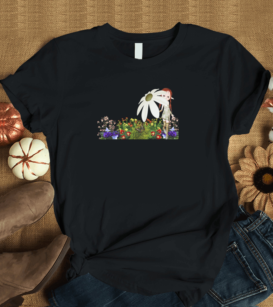 Cute Garden Elf with Oversized Daisy in Colorful Flower Bed T-Shirt