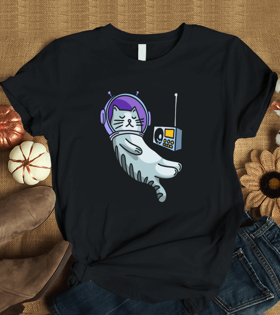 Space Cat Sleeping with Helmet and Radio T-Shirt