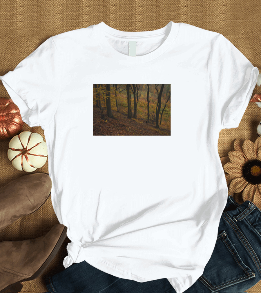 Dramatic Autumn Forest Path in Misty Woods T-Shirt