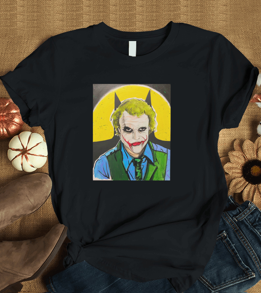 Heath Ledger Joker with Batman Symbol in Background T-Shirt