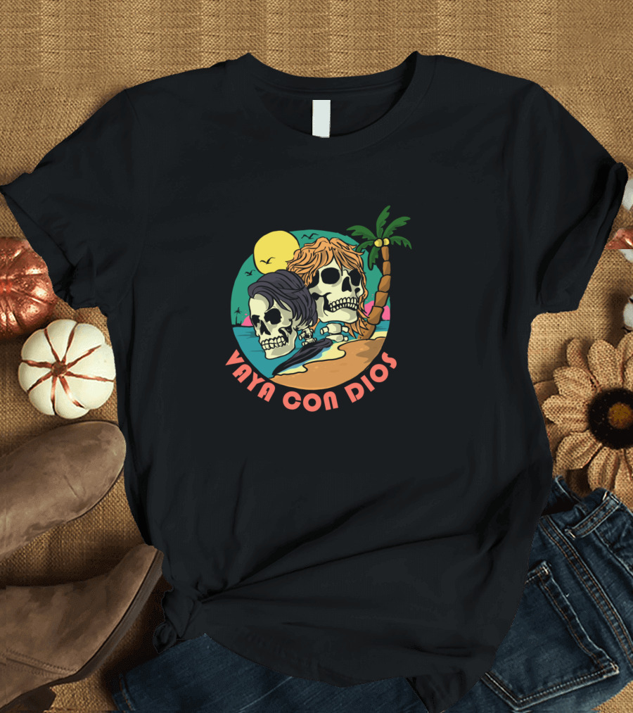 Vaya Con Dios Skull Surfers on Tropical Beach at Sunset T-Shirt