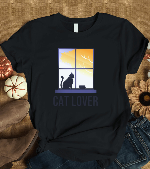 T-Shirt: Cat Lover Silhouette with Coffee by Window and Sunset T-Shirt Cat Lover Silhouette with Coffee by Window and Sunset T-Shirt