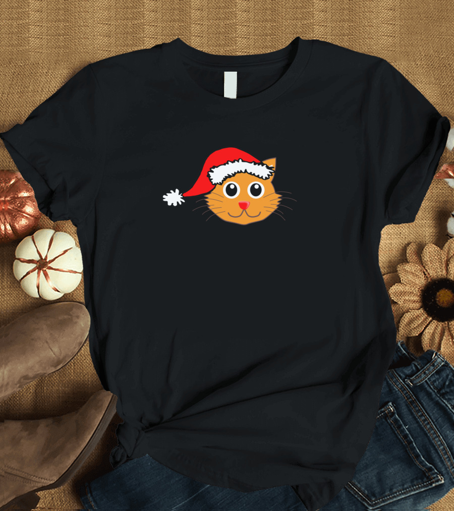 Christmas Cat Santa Hat Whiskers Face T-Shirt