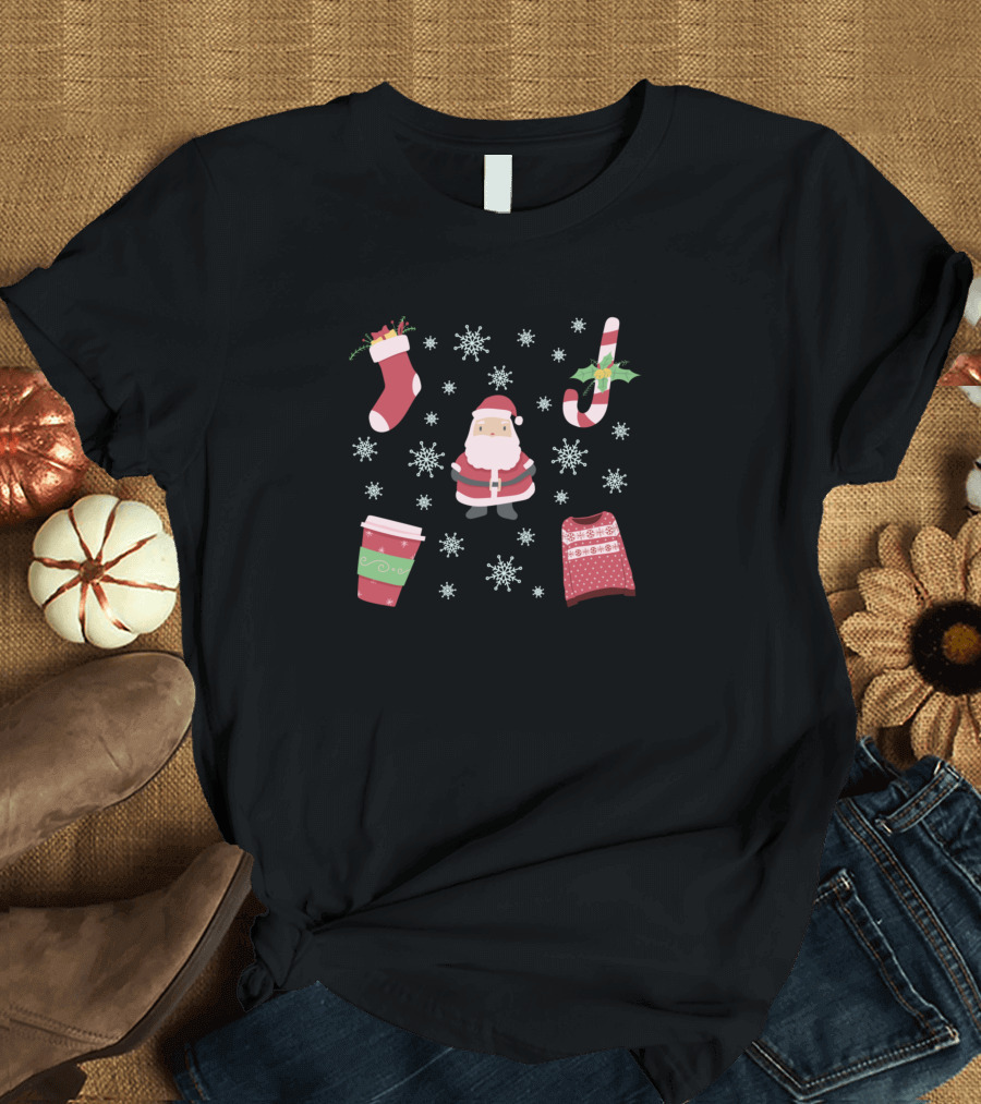 Santa Snowflakes Christmas Stocking Candy Cane Coffee T-Shirt