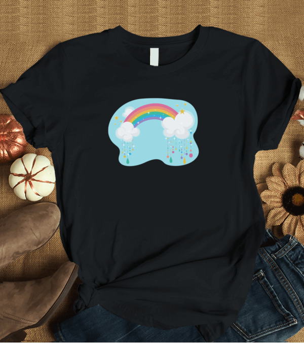 T-Shirt: Rainbow with Clouds and Stars Dripping Colorful Raindrops T-Shirt Rainbow with Clouds and Stars Dripping Colorful Raindrops T-Shirt