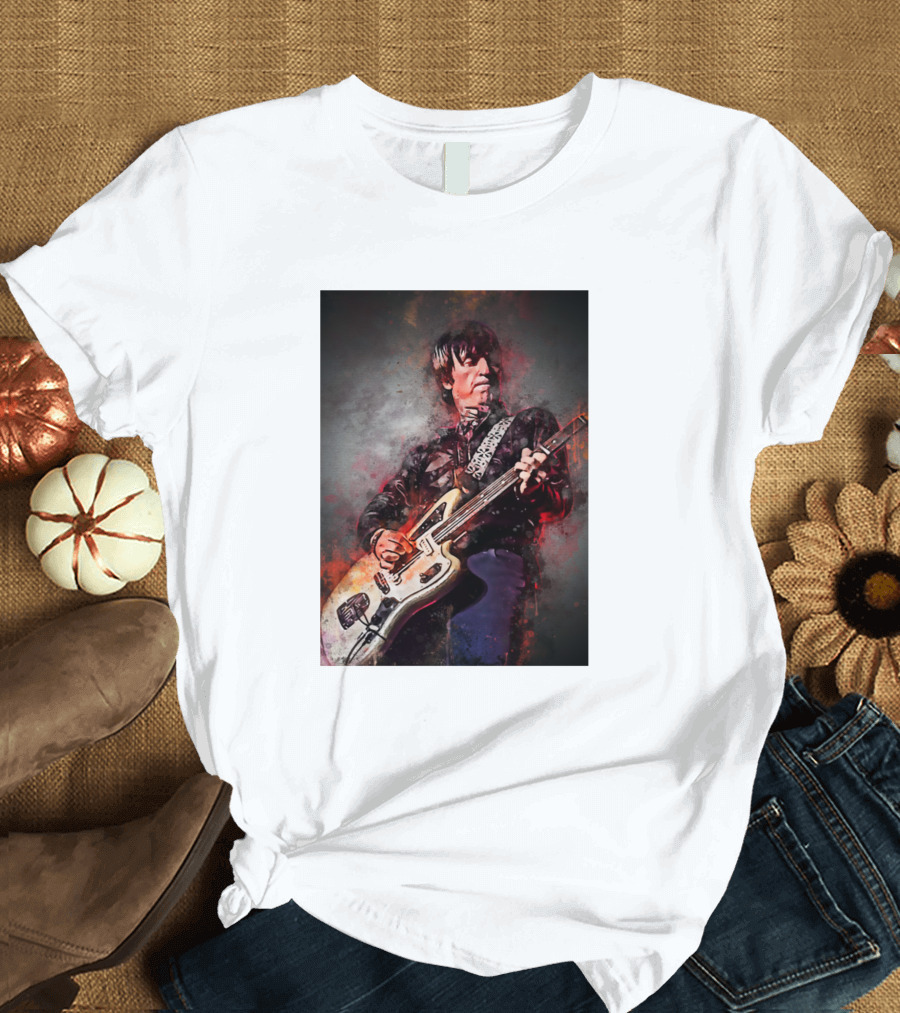 Johnny Marr Playing Electric Guitar with Vibrant Artistic Background T-Shirt