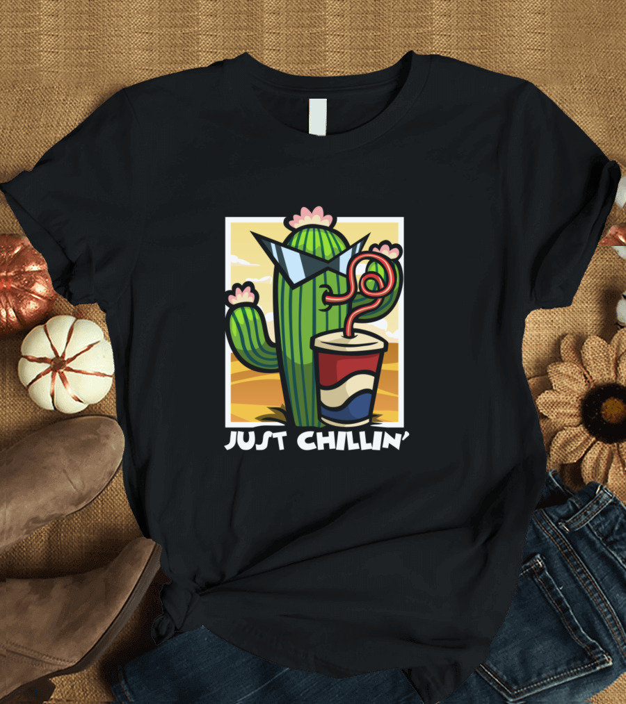 JUST CHILLIN' CACTUS WITH SUNGLASSES AND DRINK IN DESERT SCENE T-Shirt