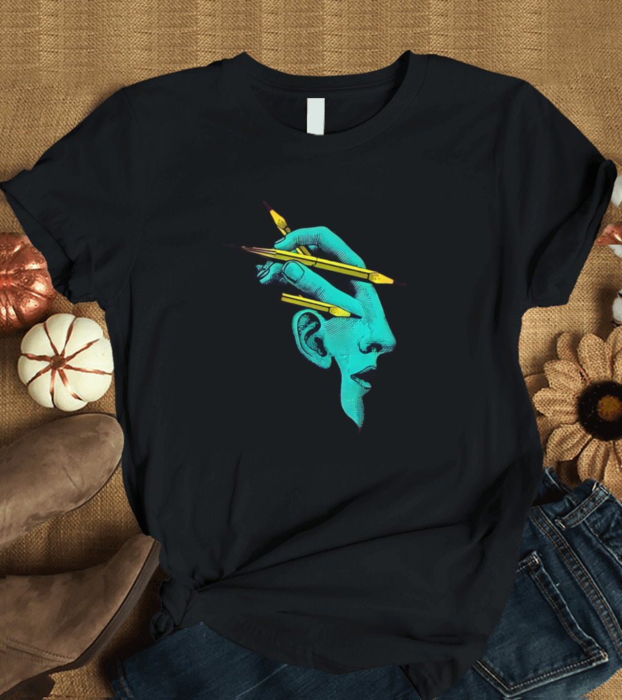 Miracle Pencil Surreal Blue Head with Yellow Paintbrushes T-Shirt