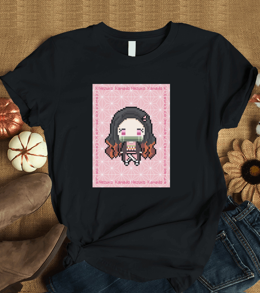 Nezuko Kamado Kimetsu No Yaiba Demon Slayer Pixel Art - Kawaii Pink Background T-Shirt