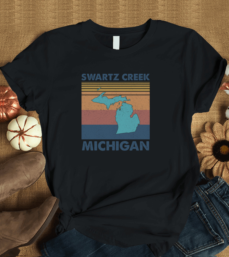 Swartz Creek Michigan Retro Map and Stripes T-Shirt