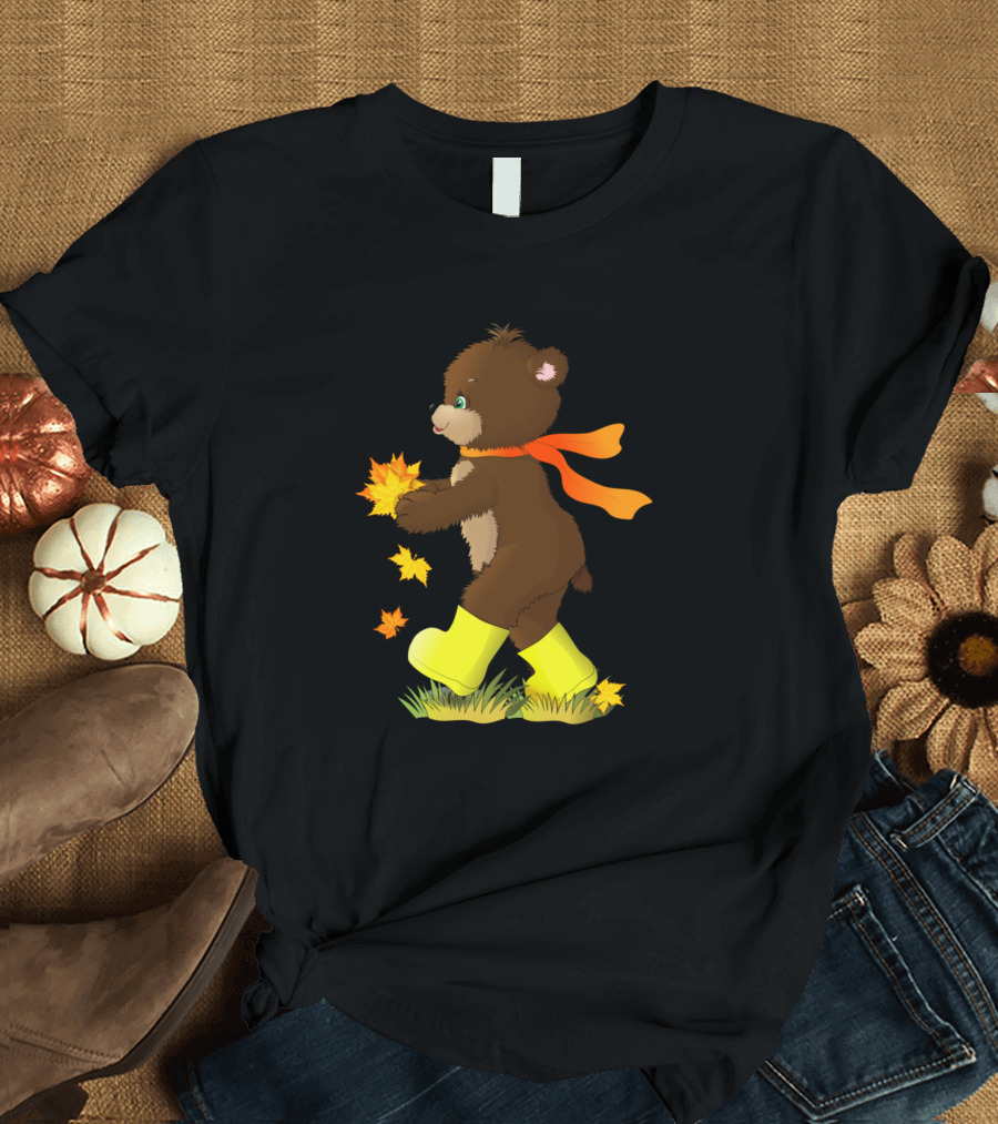 Bear Cub Playing with Autumn Leaves in Yellow Boots T-Shirt