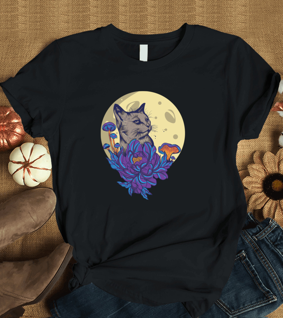 Cat In The Moon Peering from Bouquet Under Lunar Glow T-Shirt