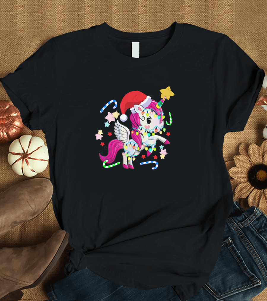 Christmas Unicorn with Santa Hat and Tree Lights T-Shirt
