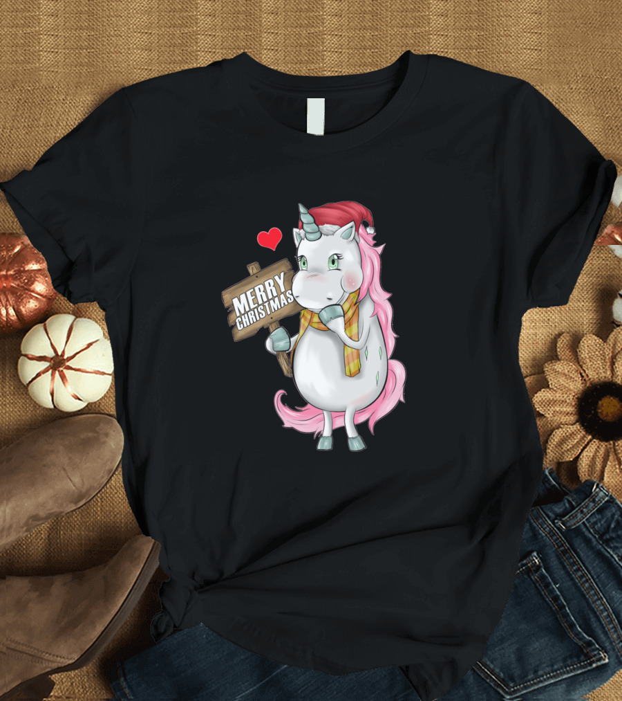 Christmas Unicorn Merry Christmas Cap Sign Heart T-Shirt