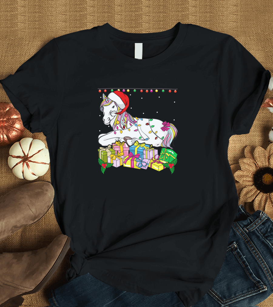 Christmas Unicorn Santa Hat with Presents and Holiday Lights T-Shirt