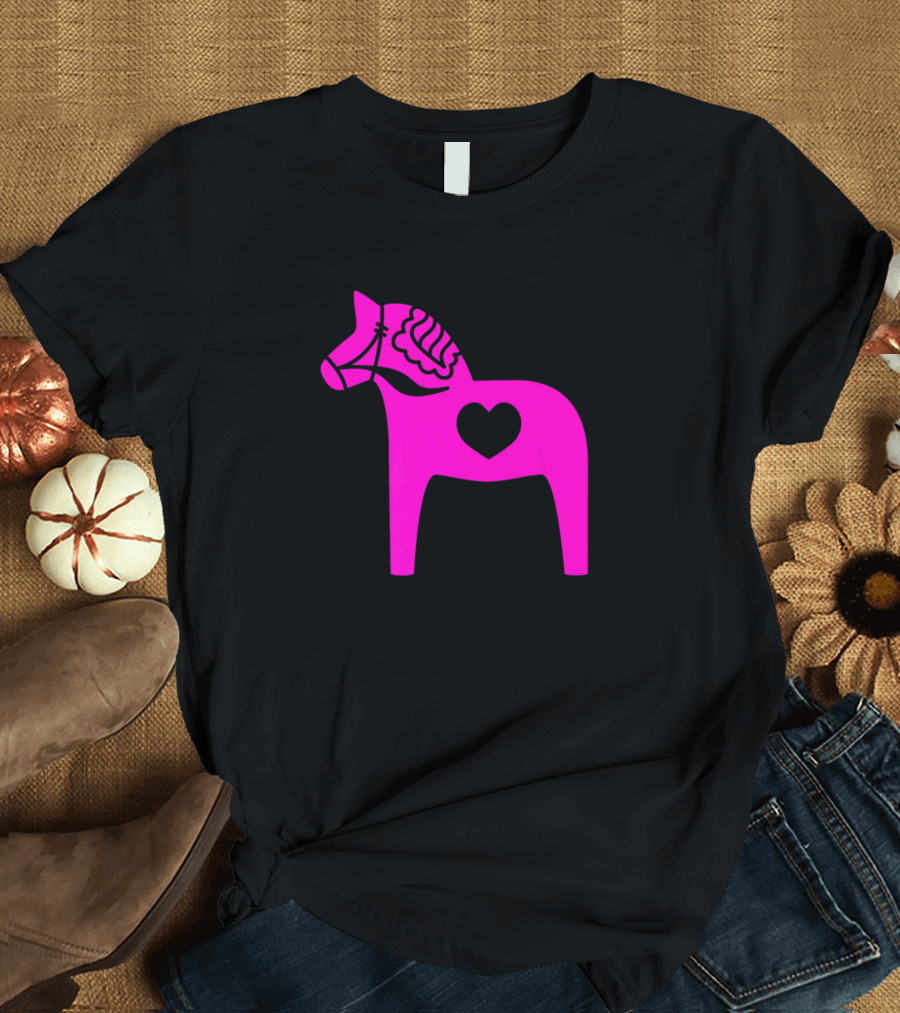 Pink Swedish Dala Horse Heart Valentine's Day Love T-Shirt