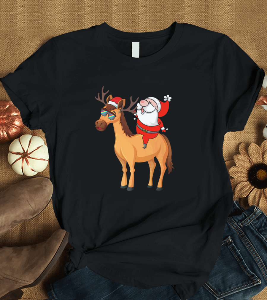 Santa Riding Horse With Sunglasses and Reindeer Antlers Funny Horse Lover T-Shirt