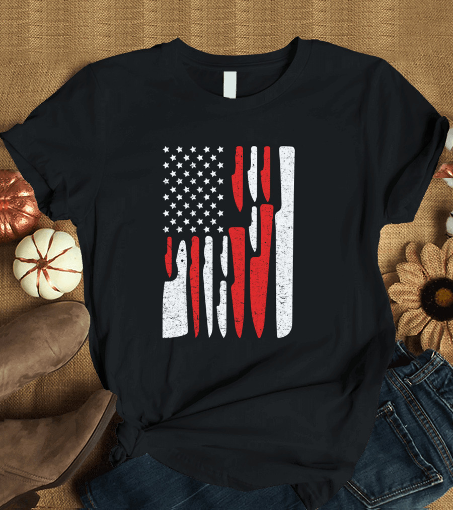 Vintage Retro Chef Knife American Flag Cooking T-Shirt