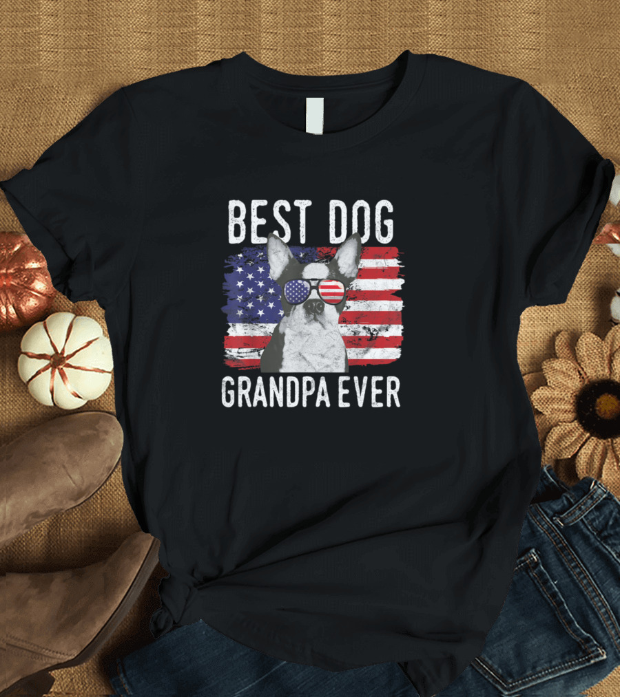 Best Dog Grandpa Ever American Flag Sunglasses Patriotic Dog T-Shirt