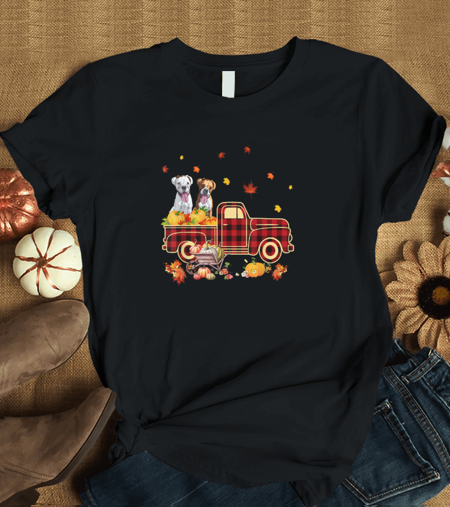Boxer Dogs with Pumpkins and Fall Leaf in Plaid Truck T-Shirt