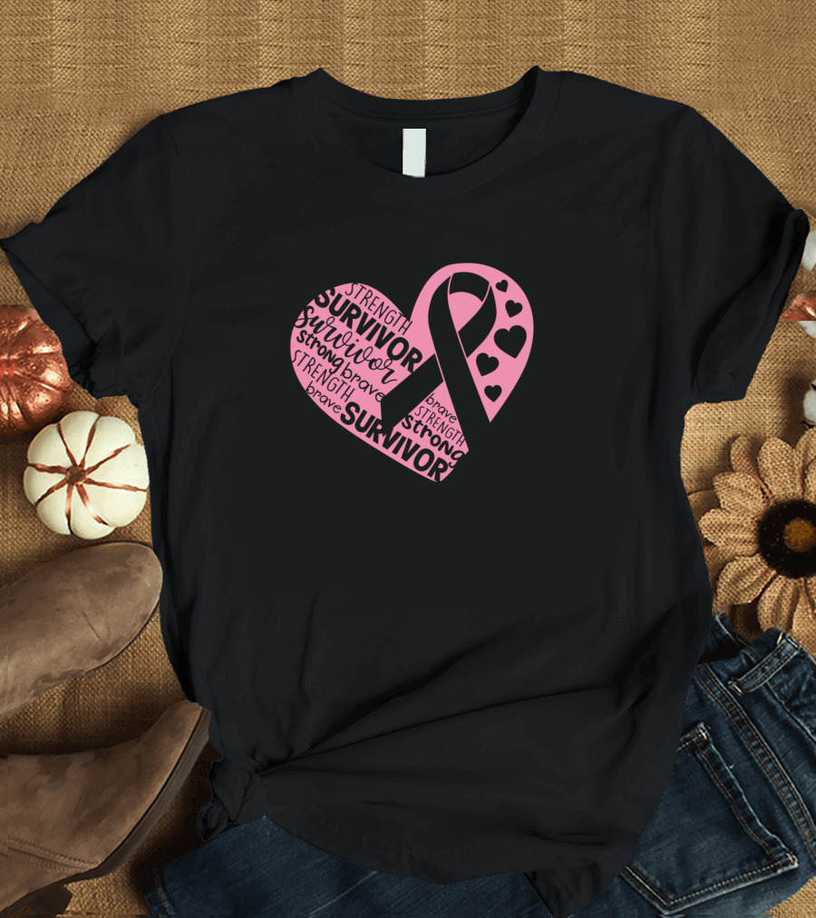 Survivor Strength Brave Pink Ribbon Heart Breast Cancer T-Shirt