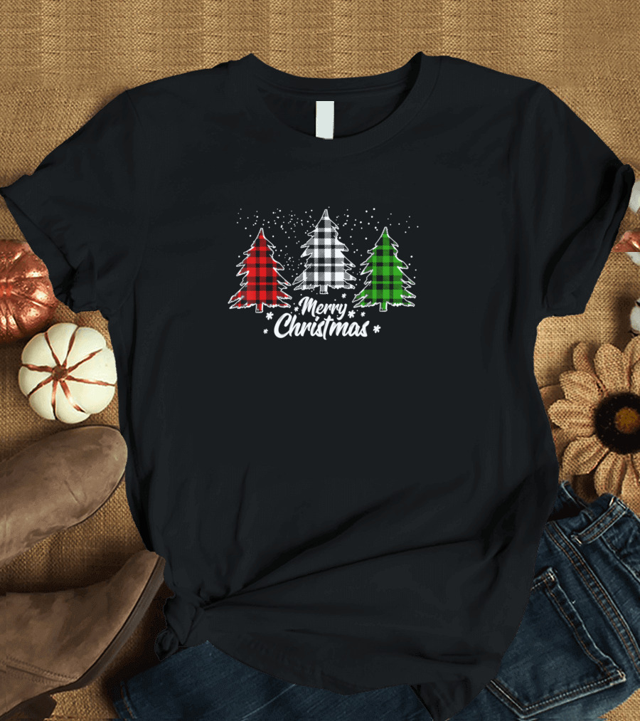 Merry Christmas Buffalo Plaid Trees Red White Green T-Shirt