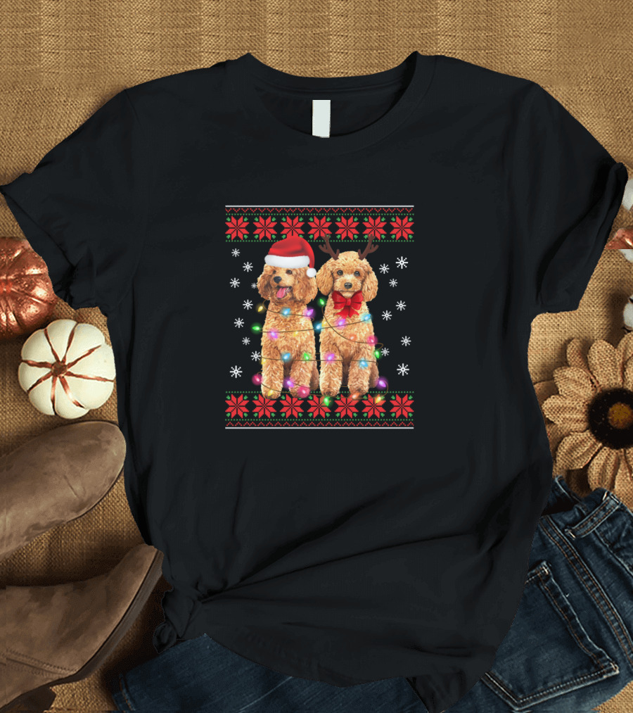 Poodle Santa Hat Reindeer Christmas Lights Holiday Snowflakes T-Shirt