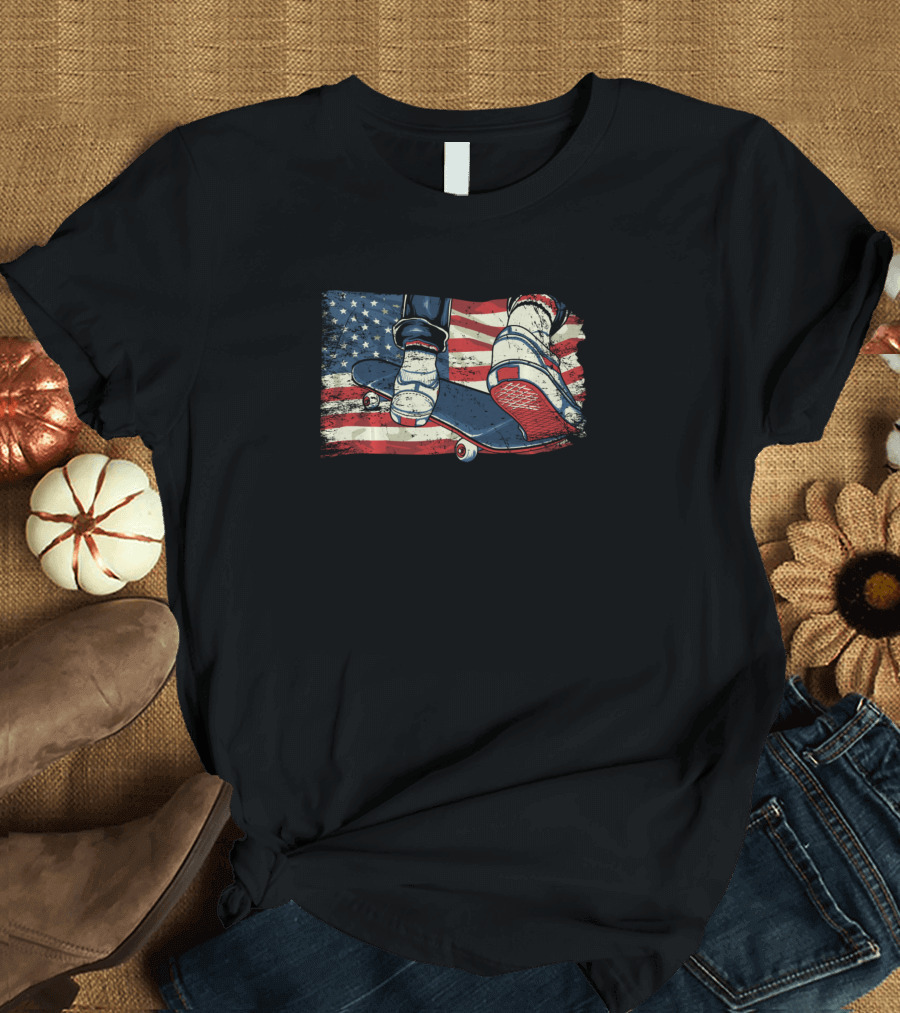 Vintage American Flag Skateboarding Sneakers and Deck T-Shirt