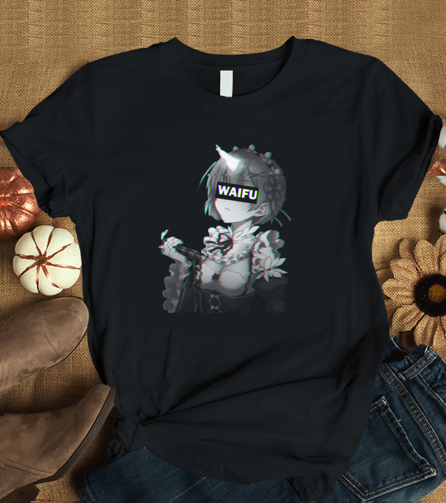 Waifu Glitch Style Anime Character with Maid Outfit and Eye Covering Text T-Shirt