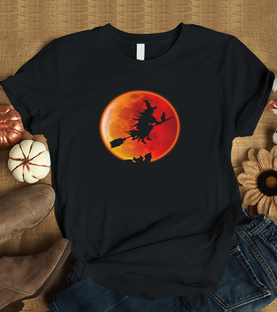 Witch Flying Across Blood Moon with Bats T-Shirt