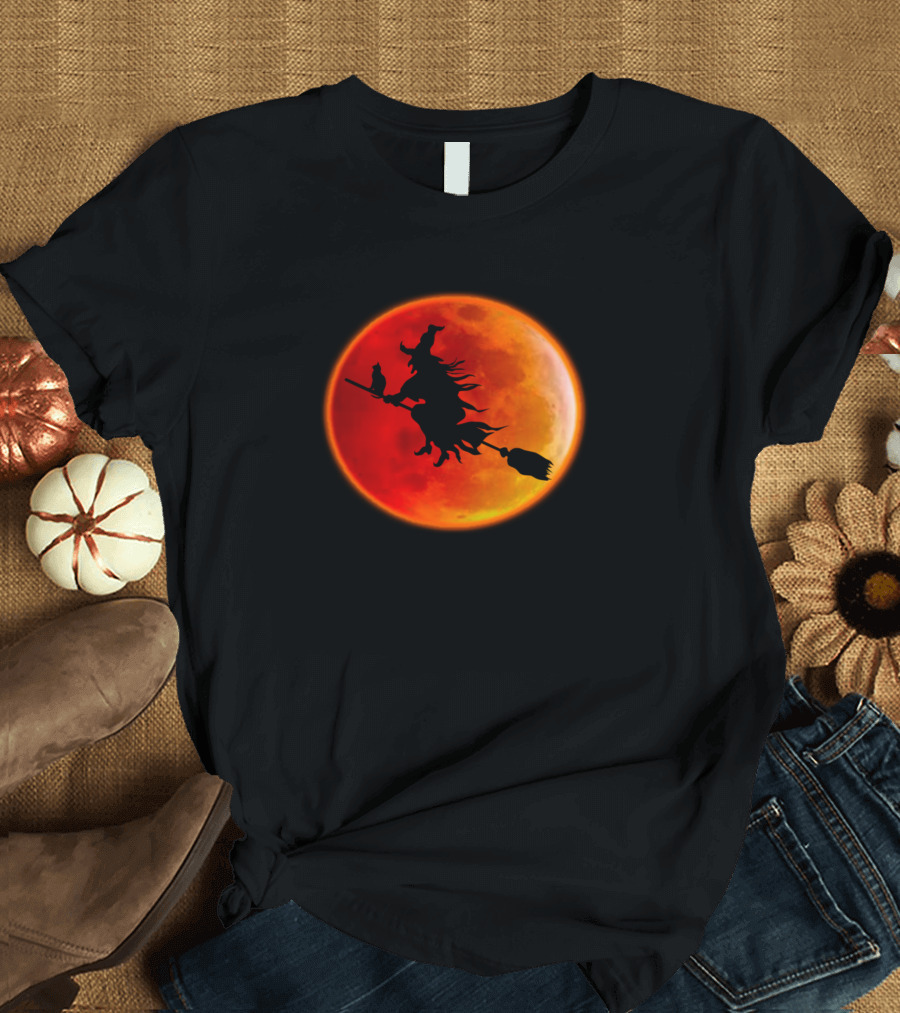 Blood Moon Witch Silhouette Flying with Cat T-Shirt