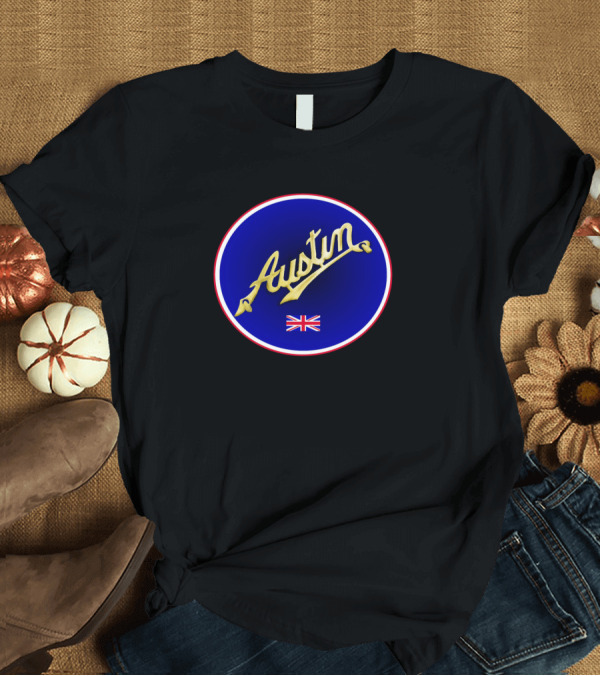 T-Shirt: Austin Script Blue Circle British Union Jack Badge T-Shirt Austin Script Blue Circle British Union Jack Badge T-Shirt