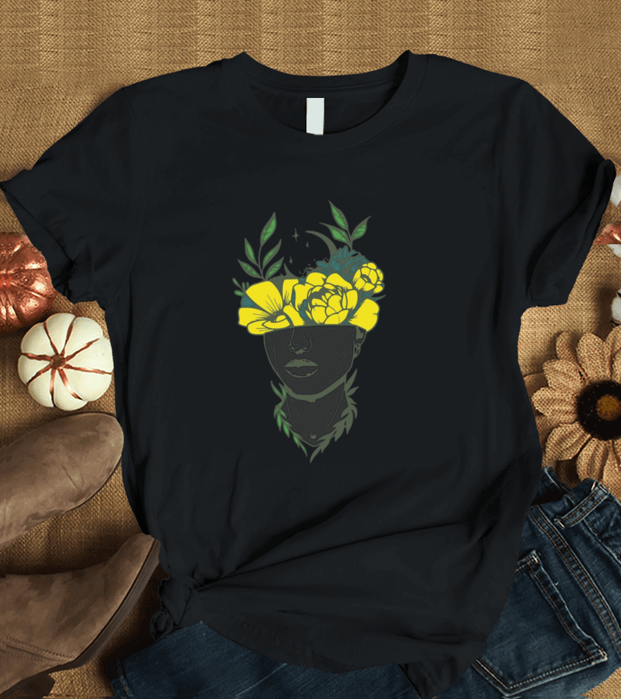 Nature Head Floral Elements with Yellow Flowers and Green Leaves T-Shirt