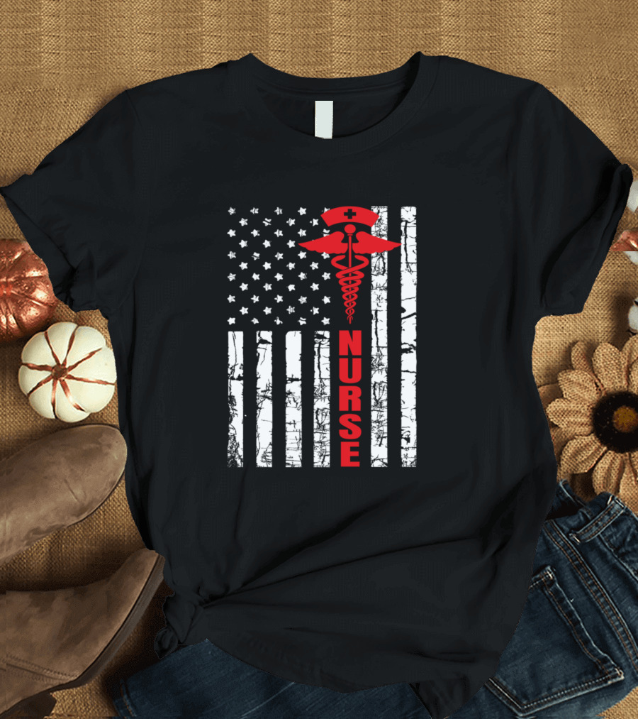 Patriotic American Flag Nurse Symbol in Red and White T-Shirt