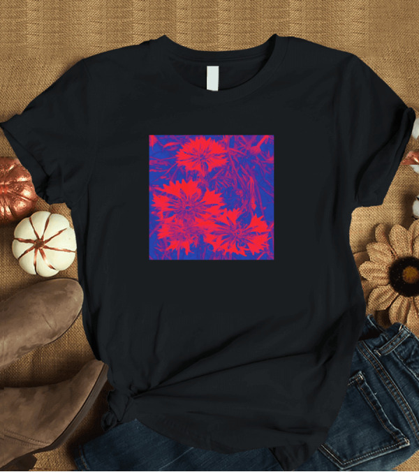 T-Shirt: Bright Red Blue Flowers T-Shirt Bright Red Blue Flowers T-Shirt