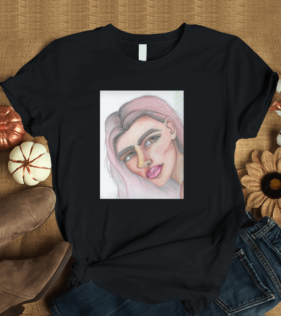Cgirl Sketch Pastel Portrait Pink Hair T-Shirt
