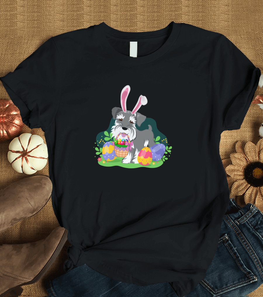 Schnauzer Bunny Ears Easter Eggs Day Cute Dogs 445 T-Shirt